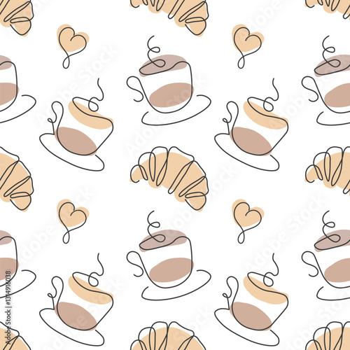 Seamless pattern, croissants, coffee cups and hearts. Black line with added color, vector