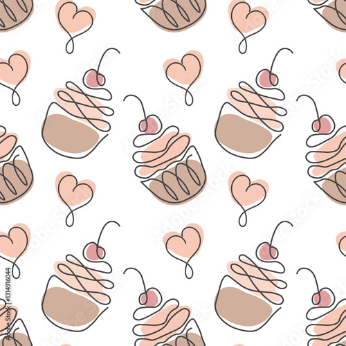 Seamless pattern, contour cupcakes and hearts on a white background. Black line with added color, vector