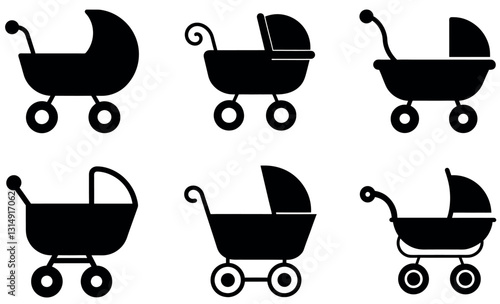 This image features a set of six simple, black silhouette icons of baby strollers.