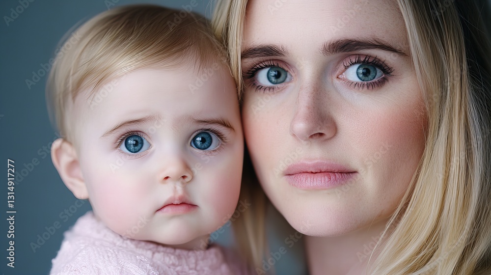 Close-up portrait of a young Caucasian mother and her baby daughter. Tender moment captured with soft lighting. Close-up portrait of a young Caucasian mother and her baby daughter. Tender moment captured with soft lighting.