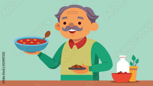After years of perfecting their family recipe a Baby Boomer proudly serves up a steaming bowl of hearty chili to their grateful children and grandchildren honoring their cultural. Vector illustration
