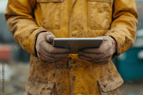 Close-up of a worker holding a tablet, monitoring oil extraction data at a drilling site. photo