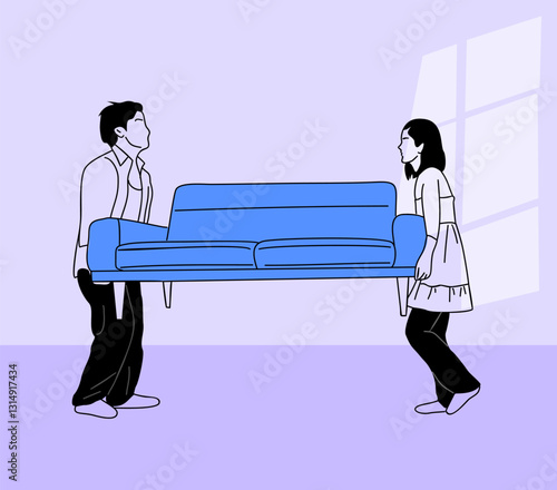 Young couple carrying blue sofa, couch. Relocation, apartment furniture moving concept. Cartoon characters Hand drawn Vector illustration with empty room pastel purple background.