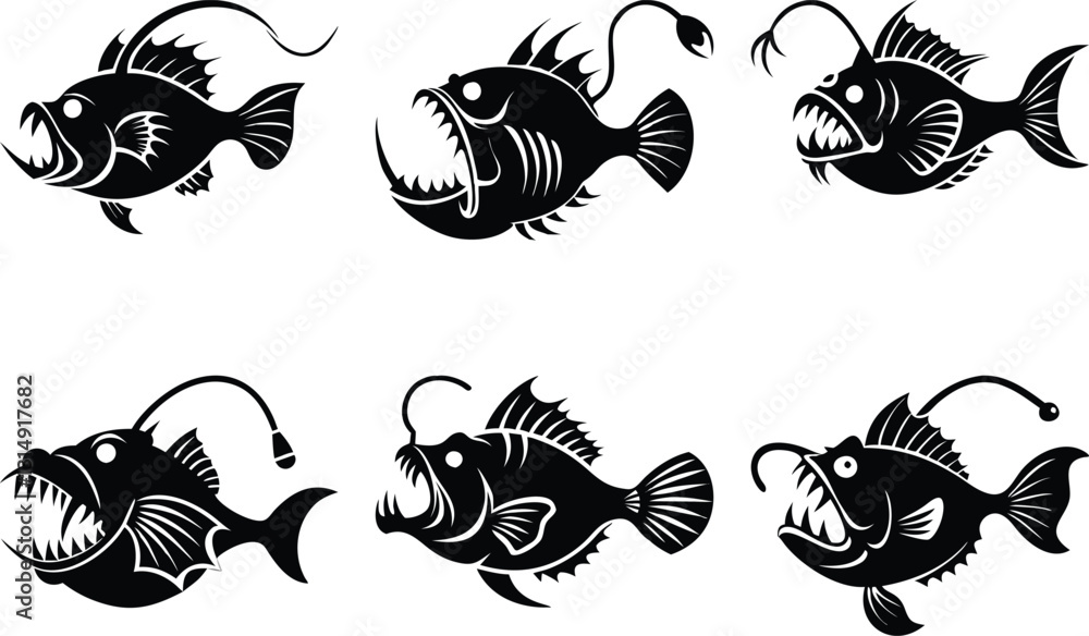 Naklejka premium Anglerfish Vector Art: Deep Sea Predator Illustrations in Black and White, Scary Fish Graphics, Underwater Creature Designs
