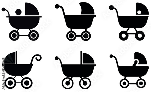 This image features a set of six simple, black silhouette icons of baby strollers.