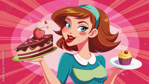 Young slim girl lick her lips from temptation, looking at delicious piece of cake with yearning to bite it, standing with dessert against pink