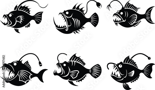 Anglerfish Vector Art: Deep Sea Predator Illustrations in Black and White, Scary Fish Graphics, Underwater Creature Designs