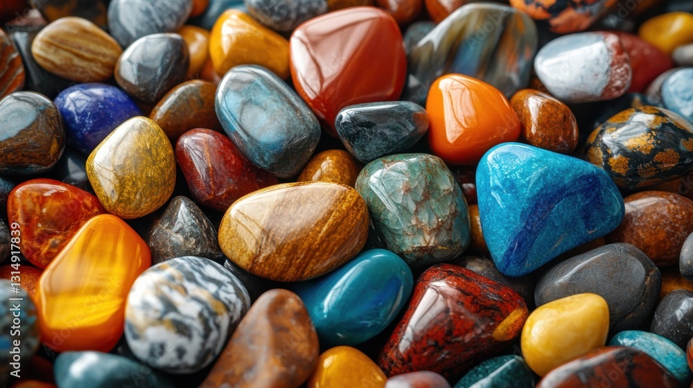 Collection of Polished Gemstones Displaying a Variety of Colors and Textures in a Close Up Shot with Natural Light Collection of Polished Gemstones Displaying a Variety of Colors and Textures in a Close Up Shot with Natural Light