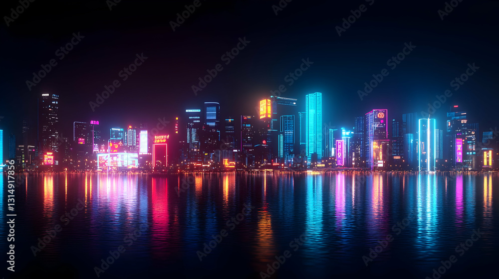 Fototapeta premium Pixel Art Cityscape At Night With Vibrant Neon Lights Reflecting In The Water With Digital Pixelated Graphic Effect
