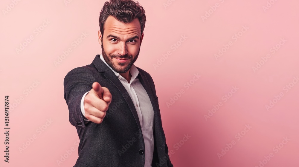 Professional man with a warm smile pointing at you, blurred office backdrop 