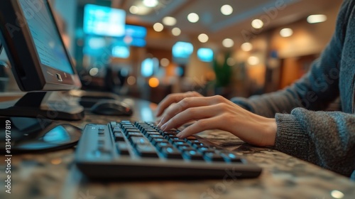 3. **A close-up of a receptionist’s hands typing on a computer keyboard**, processing a guest’s booking request, with a sleek and modern hotel reception area in the background 