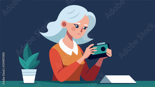 A whitehaired woman quietly studying her camera manual determined to master the art of photography despite her age.. Vector illustration