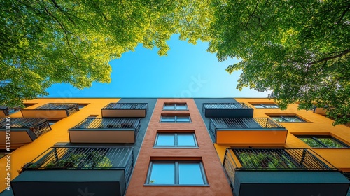 Urban apartment building with trees and blue sky