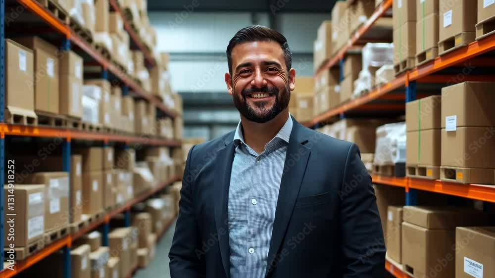 A businessman stands in front of a factory filled with cardboard goods or packages that are ready to ship or sell. stock and online sales. A businessman stands in front of a factory filled with cardboard goods or packages that are ready to ship or sell. stock and online sales.