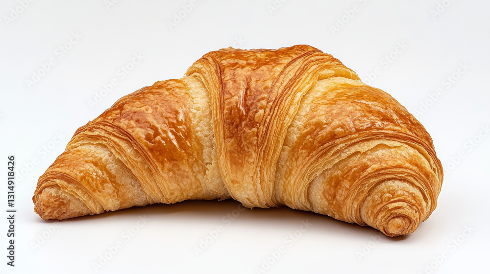 A single, golden-brown plain croissant displayed against a white background, highlighting its flaky texture and buttery layers A single, golden-brown plain croissant displayed against a white background, highlighting its flaky texture and buttery layers