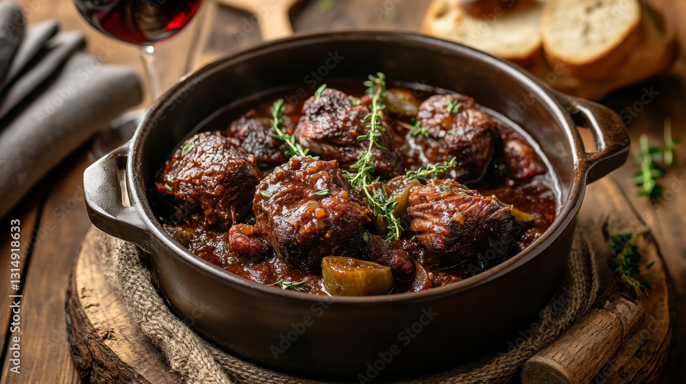 A traditional Spanish delicacy--slow-cooked oxtail in a rich red wine sauce, also known as rabo de toro--served in a pot on a rustic wooden table A traditional Spanish delicacy--slow-cooked oxtail in a rich red wine sauce, also known as rabo de toro--served in a pot on a rustic wooden table