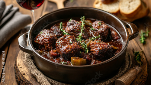 A traditional Spanish delicacy--slow-cooked oxtail in a rich red wine sauce, also known as rabo de toro--served in a pot on a rustic wooden table