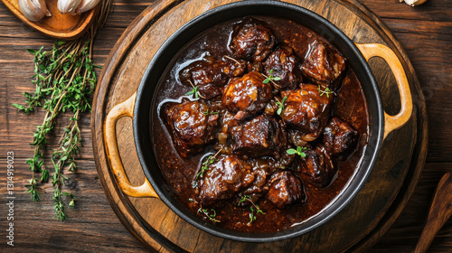 A traditional Spanish delicacy--slow-cooked oxtail in a rich red wine sauce, also known as rabo de toro--served in a pot on a rustic wooden table
