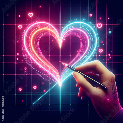 Artist Drawing a Small Red Wireframe Heart on a White Paper with a Pencil