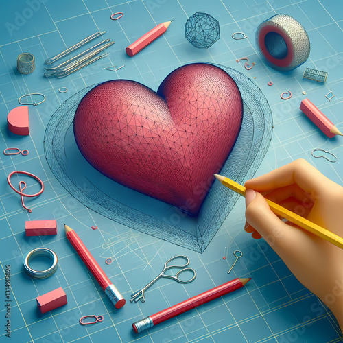 3D Red Heart Being Created with Precision on a Technical Drawing Board