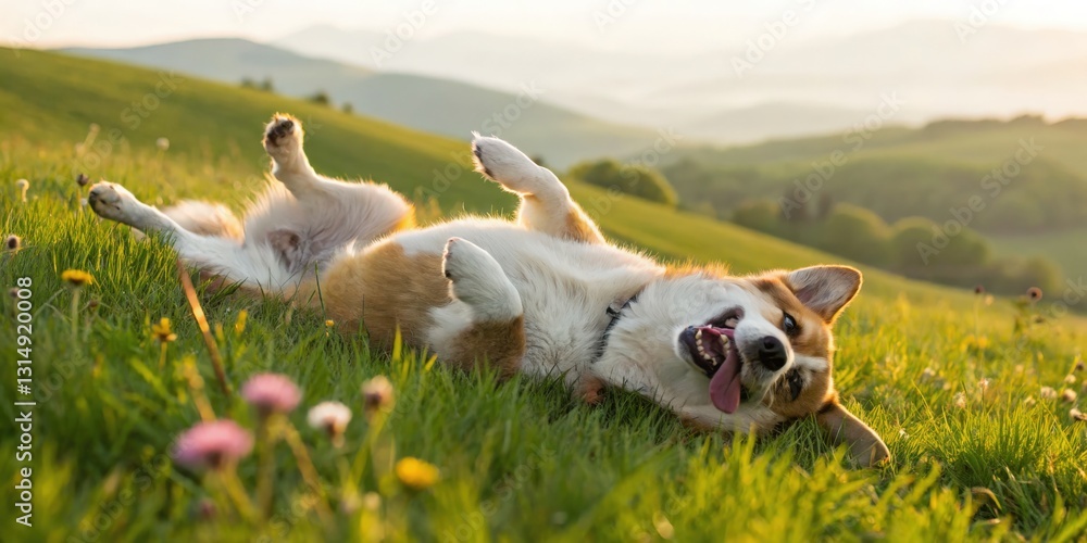 Obraz premium Playful corgi rolling in green fields sunny landscape animal photography outdoor environment close-up view joyful companion