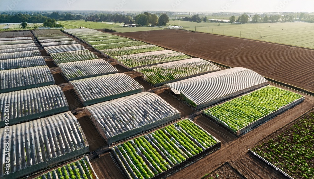 Naklejka premium aerial view of vegetable seedlings growing in rows in greenhouse