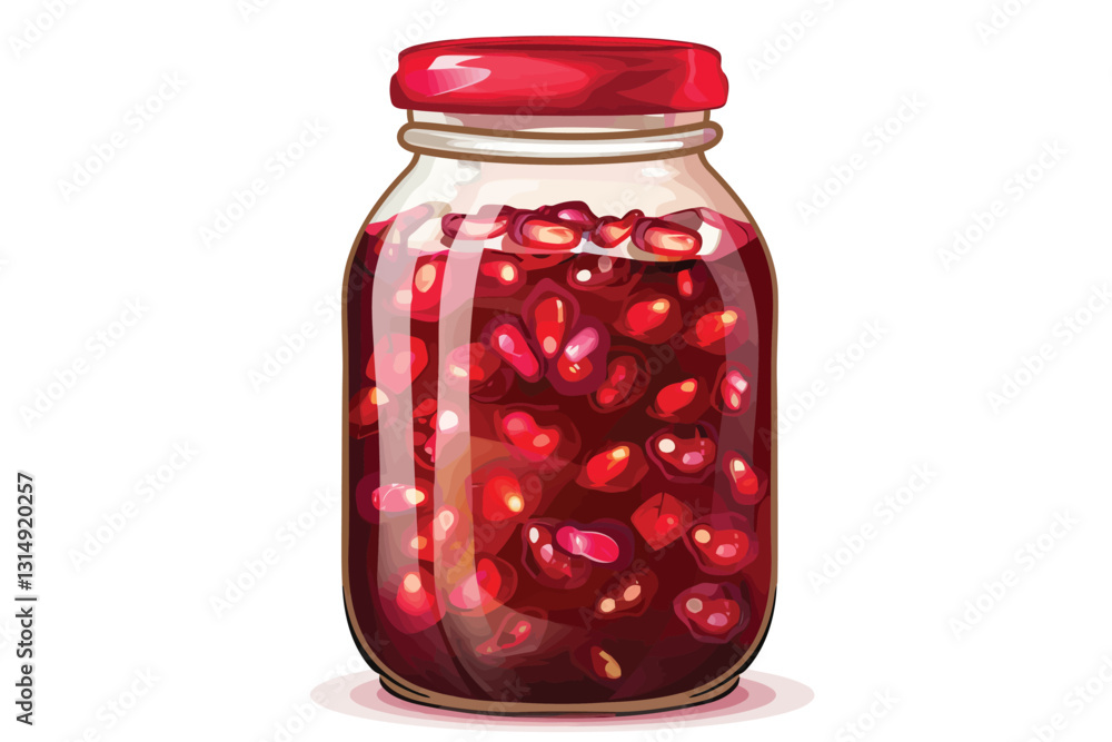 A glass jar filled with vibrant pomegranate jam isolated A glass jar filled with vibrant pomegranate jam isolated