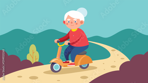 An adventurous grandma taking her scooter offroad navigating through gravel paths with a determined look on her face.. Vector illustration