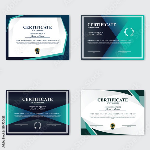 Four modern certificate templates; geometric design; white background; design resource
