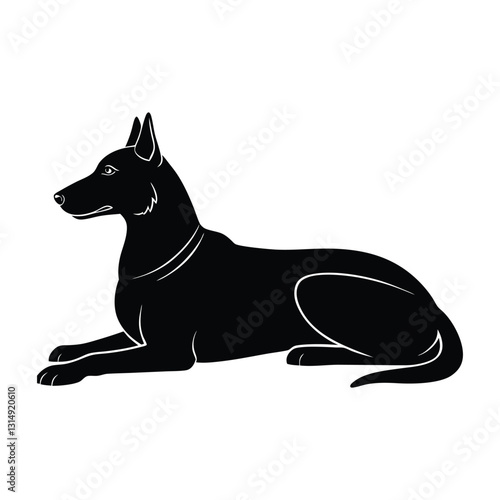 Large Dog Lying Down with Head Raised Silhouette on White Background