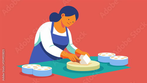 The vendor deftly slicing chunks of salty white cheese and placing it on top of the baleadas adding a final touch to the dish.. Vector illustration