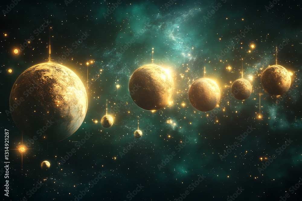 Otherworldly Celestial Orbs and Golden Rays Dancing in the Nebula Otherworldly Celestial Orbs and Golden Rays Dancing in the Nebula