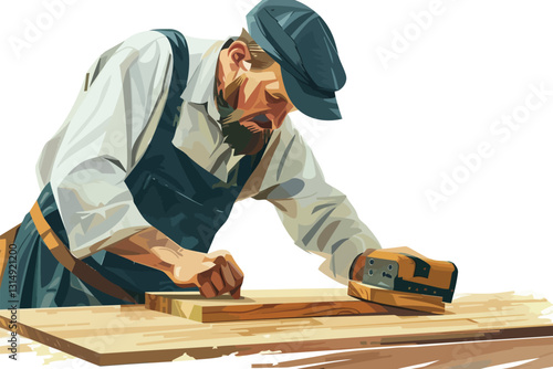 Carpenter sanding a wooden plank with precision close isolated