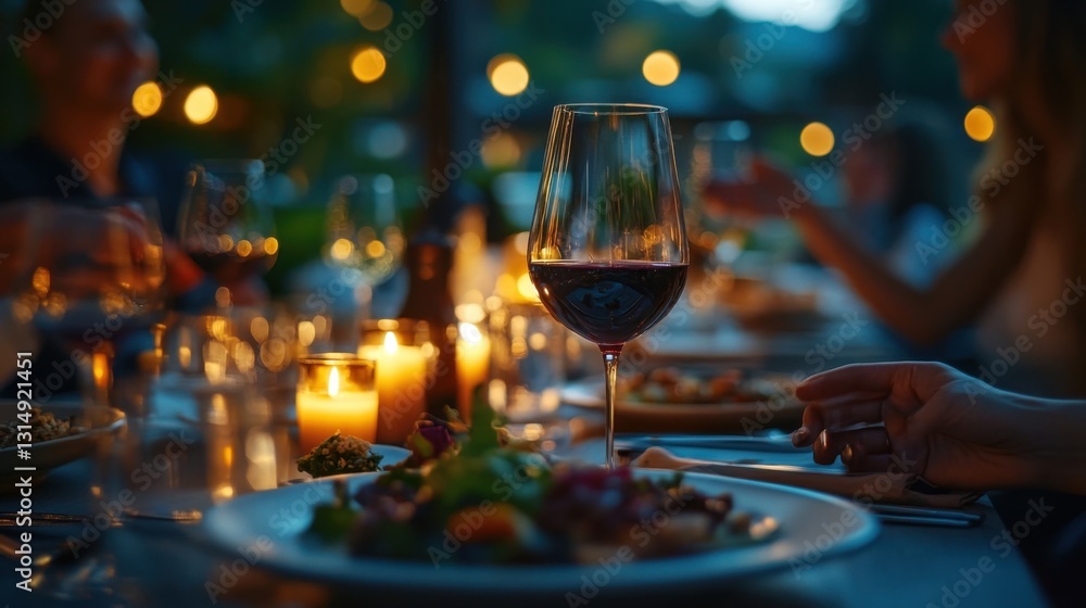 Elegant evening dining experience with red wine and candles creating a warm and inviting ambiance for friends and family Elegant evening dining experience with red wine and candles creating a warm and inviting ambiance for friends and family
