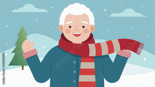 A smiling senior proudly displaying a handknitted scarf at a crafting clubs winter fashion show.. Vector illustration