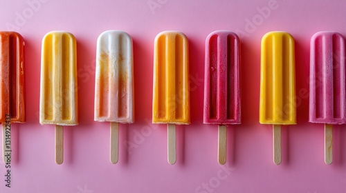 Colorful frozen popsicles on pink background in studio shot summer mood vibrant colors and refreshing treat overhead shot sweet dessert