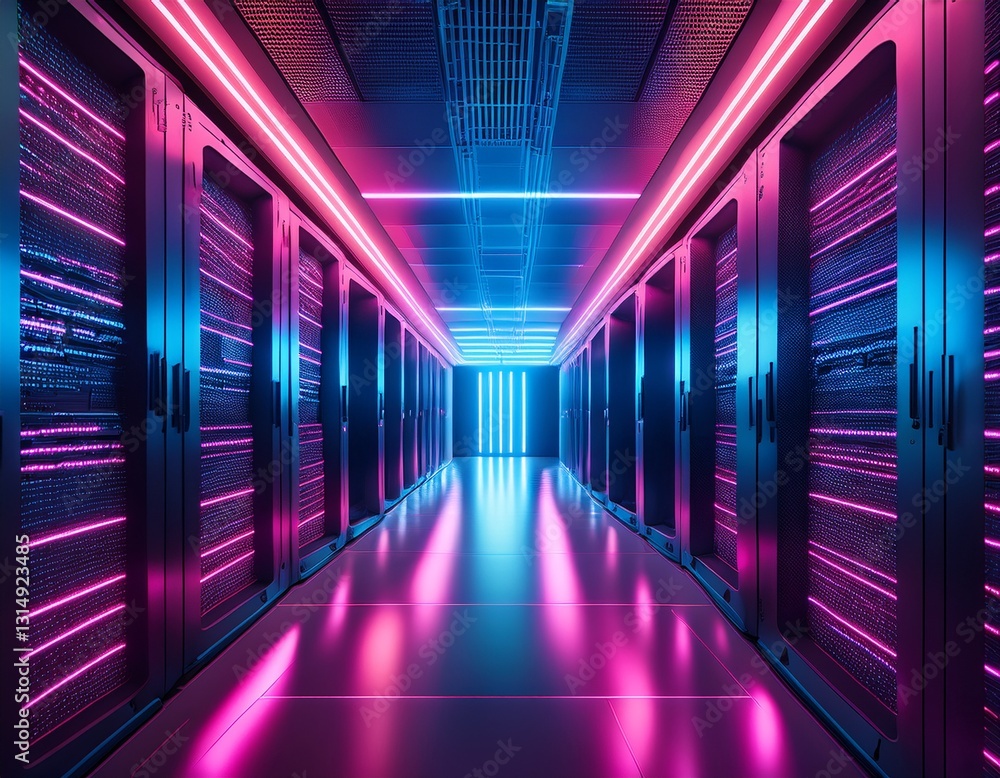 Fototapeta premium a futuristic server room illuminated with vibrant pink and blue led lights creating a mesmerizing corridor effect