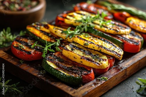 Grilled vegetables on a wooden cutting board, vibrant colors and char marks. A sprinkle of fresh herbs adds a finishing touch to the dish. photo