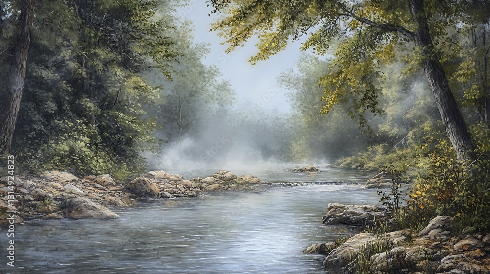 A serene river scene surrounded by lush trees and mist, evoking tranquility and nature. A serene river scene surrounded by lush trees and mist, evoking tranquility and nature.