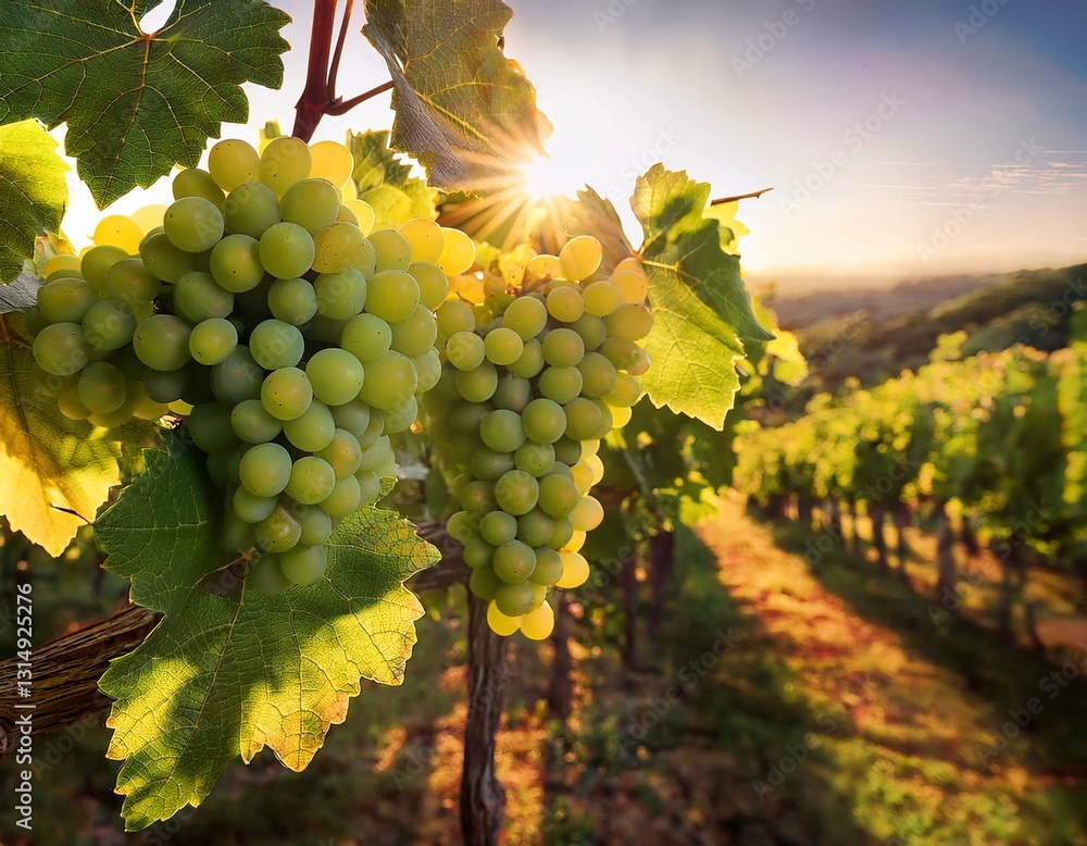Fototapeta premium close up of a cluster of ripe green grapes growing on a vine bathed in warm sunlight
