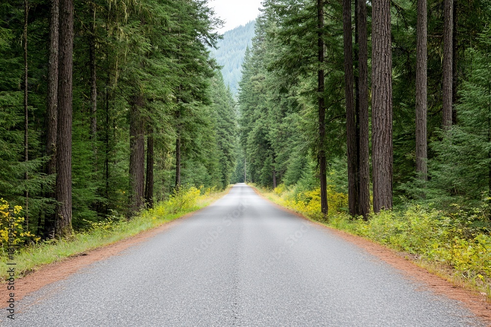 Majestic forest road lined with towering trees and dappled sunlight filtering through dense foliage in an atmospheric nature scene Majestic forest road lined with towering trees and dappled sunlight filtering through dense foliage in an atmospheric nature scene