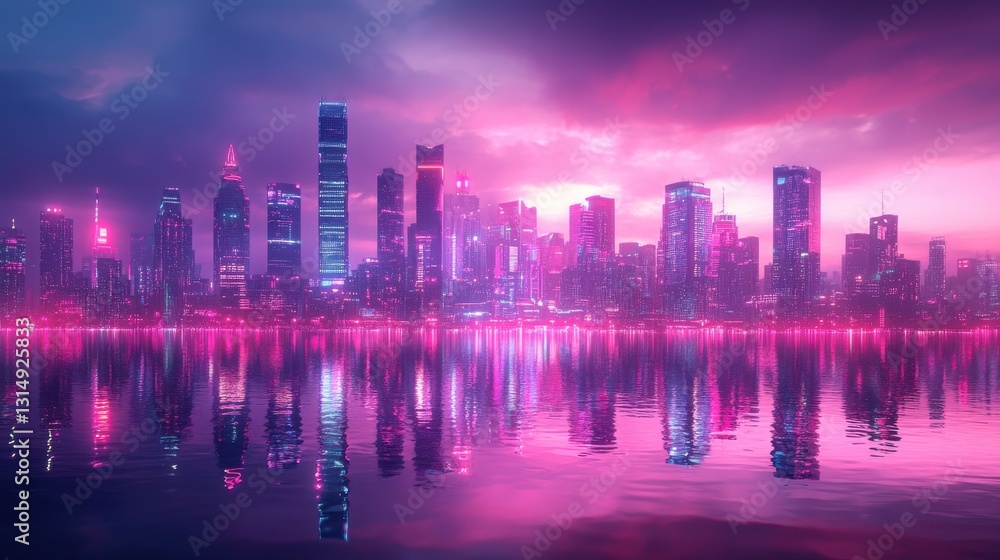 Fototapeta premium A vibrant city skyline at dusk, illuminated in shades of pink and purple, reflecting on the water beneath a dramatic sky.