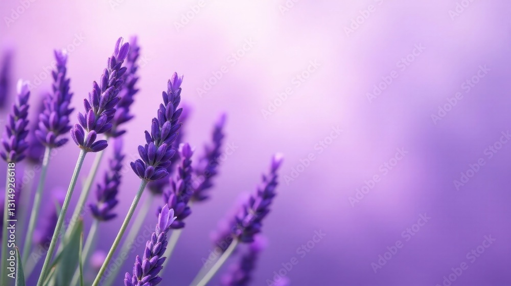 Obraz premium Close-up of Delicate Lavender Blossoms Against a Soft Purple Background, Perfect for Relaxation and Wellness Themes
