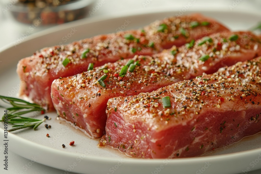 Fresh Raw Tuna Steaks with Herbs and Spices Ready for Cooking on a White Plate Fresh Raw Tuna Steaks with Herbs and Spices Ready for Cooking on a White Plate