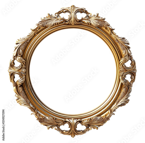 3D rendering of a golden baroque frame with a round shape isolated on transparent background
