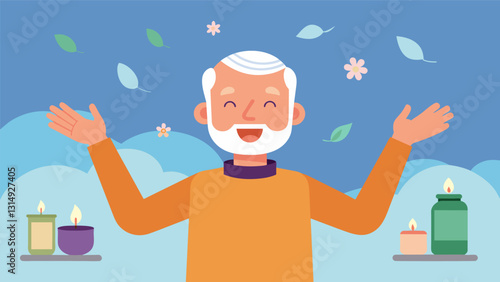 An elderly gentleman feeling rejuvenated and uplifted after attending an aromatherapy workshop focused on using scents to promote positivity and happiness.. Vector illustration