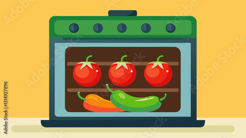 Tomato and jalapeno peppers roasting in a hot oven ready to be deseeded and blended into a zesty salsa.. Vector illustration