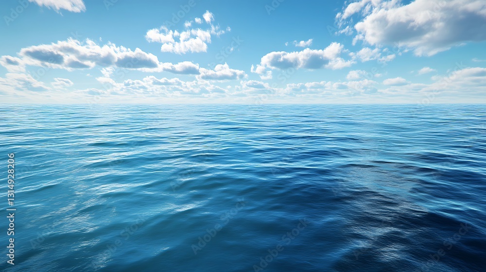 Obraz premium A serene view of a calm ocean under a clear blue sky with fluffy clouds.