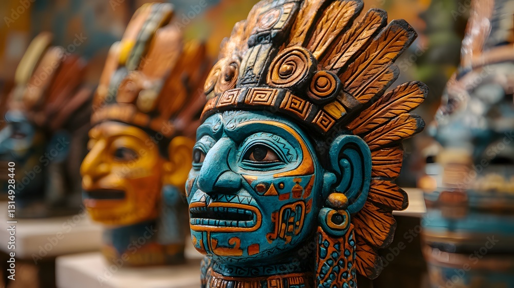 Detailed view of Aztec mask adorned with golden elements and intricate carvings. Ancient civilization’s artistry and spiritual legacy Detailed view of Aztec mask adorned with golden elements and intricate carvings. Ancient civilization’s artistry and spiritual legacy