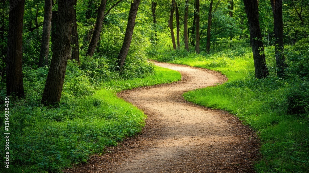 A winding dirt path cutting through a vibrant, untouched forest. A winding dirt path cutting through a vibrant, untouched forest.